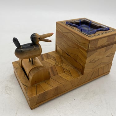 Vintage Inlay Carved Wood Cigarette Box Holder Dispenser with Ashtray and Mechanical Bird. 