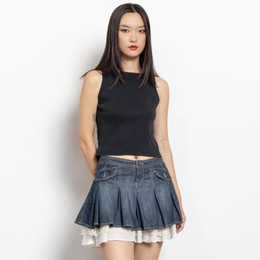 LOW RISE Y2K Denim PLEATED Cotton Jean Skirt Lace Cotton Contrasting Stitching / 38 Inch Hips / Size 5 