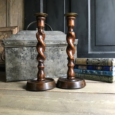 English Oak Barley Twist Candlesticks, 11 inch, Rustic Wood Candle Holders, Edwardian Era, Pair, Set of 2 