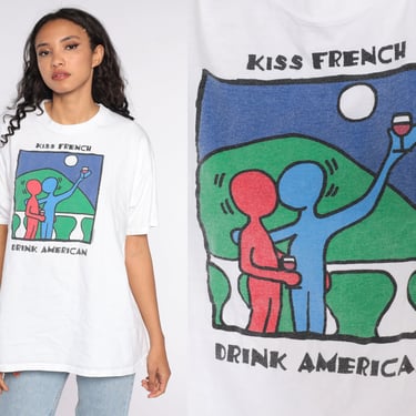 Vintage Wine Shirt Kiss French, Drink American Graphic Shirt 90s Tshirt Vintage Drinking T Shirt Tee 1990s Extra Large xl 