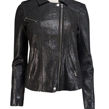 Rebecca Taylor - Black Metallic Coated Leather Moto Jacket Sz 4