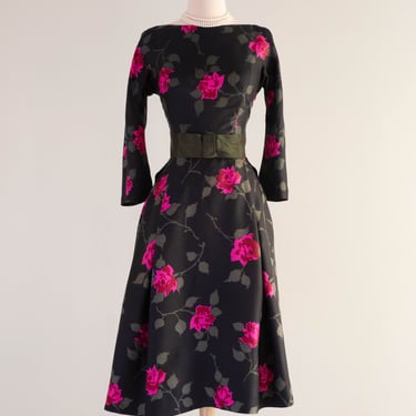 Classic Late 1950's Silk Rose Print Cocktail Dress By Abe Schrader / Small