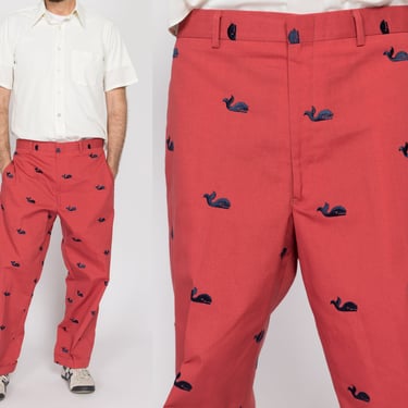 36x27 80s Preppy Salmon Pink Embroidered Whale Cotton Trousers | Vintage Men's Tapered Leg Cuffed Pants 