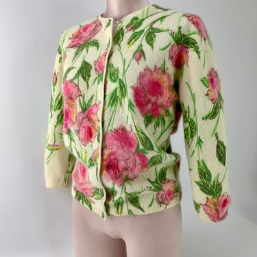 Early 1960'S Cardigan Sweater - Hand Screen Printed - Pink and Green with Orange - French Angora & Lambswool - 3/4 Sleeves - Size Medium 38 