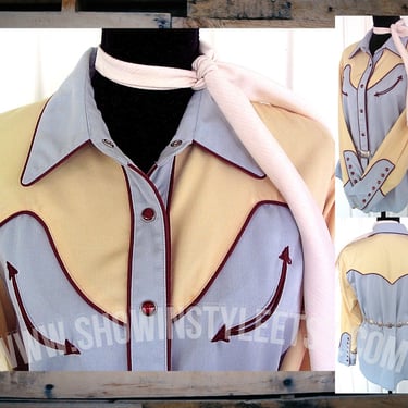 Roper Vintage Retro Women's Cowgirl Western Shirt, Rodeo Queen Blouse, Pale Yellow and Gray, Red Piping, Tag Size Large (see meas. photo) 