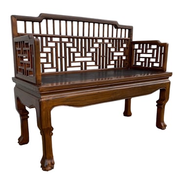 Asian Fretwork Bench - Vintage Chinese Carved Wood Oriental Settee Furniture 