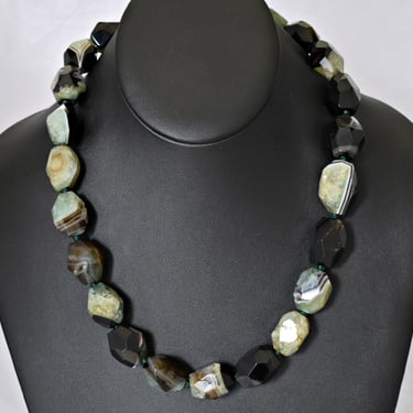 Big 90's Lucoral druzy agate sterling necklace, chunky sardonyx beads 925 silver statement 