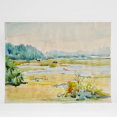 Vintage Watercolor Landscape Painting of Mountains and a River or Estuary 