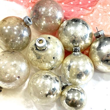 VINTAGE: 9pcs - Old Glass Silver Ornaments - Holiday Ornaments - Distressed Aged Christmas - SKU 00035001 
