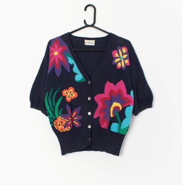 90s short sleeve knit cardigan in navy blue with colourful flower design - Medium 