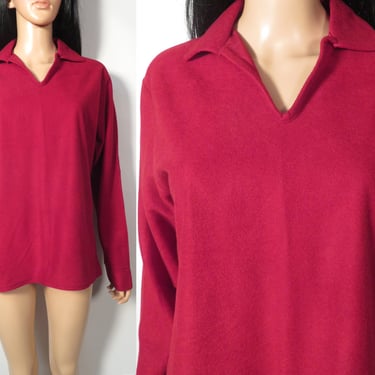 Vintage 70s/80s Cranberry Fleece Velour Collared V Neck Unisex Top Made In USA Size M 