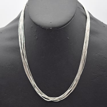 70's 10 strand liquid silver Southwestern necklace, 925 sterling tubes rising sun end caps torsade 