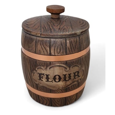 Vintage Flour Ceramic Barrel Canister & Lid, Treasure Craft USA, Copper Band Ceramic Round Counter Storage, Faux Wood Carved Kitchen Jar 
