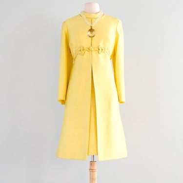 Vintage 1960's Lemon Yellow Shantung Silk Dress & Coat Set / M