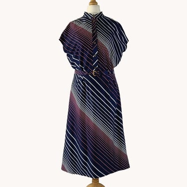 Creation Madrisa 1970s Navy Blue Geometric Print Cotton Day Dress Size S 