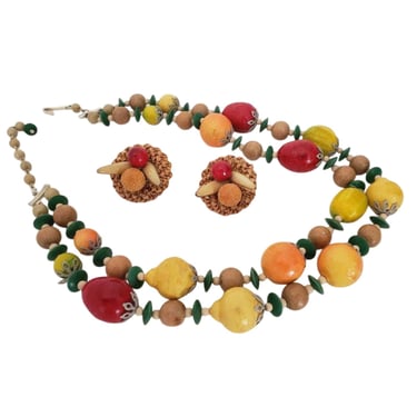 Vintage 50s Fruits Beaded Necklace, Two Strand Bib Necklace with Earrings, Lemons, Oranges, Strawberries - Made in Japan - Gift for Her 
