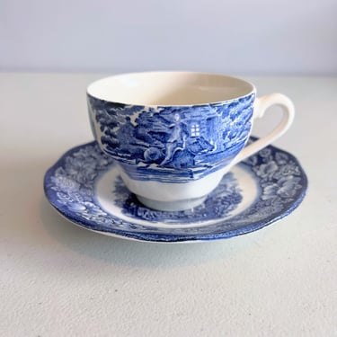 Set of Vintage Blue Ribbed Glass Tea Cup and Saucer Made in Brazil 