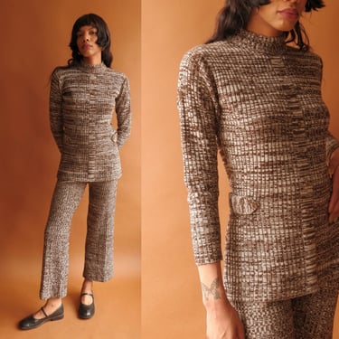 Vintage 70s Space Dyed Knit Set/ 1970s Sweater and Pants Co-Ord Suit/ Size Medium Large 