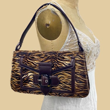 Vintage Via Spiga Purse Retro 2000s + Y2K + Brown Leopard + Animal Print + Pony Hair + Top Handle + Baguette Style + Modern Womens Accessory 