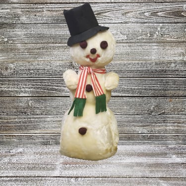 1950s Vintage Plush Snowman, Soft Furry Stuffed Frosty the Snowman Wearing Top Hat & Scarf, Christmas Holiday Decor, Vintage Toys 