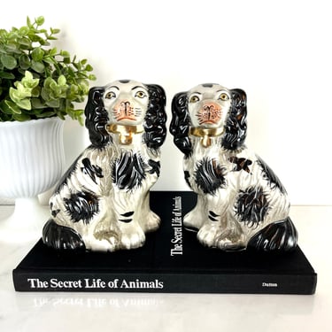 Vintage Staffordshire Style Dogs | Pair of Dogs Statues | Black & White Staffies | Ceramic Dog Statues | Dog Figurines 