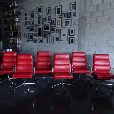 6 Eames aluminum group soft pad red leather chairs by Herman Miller 