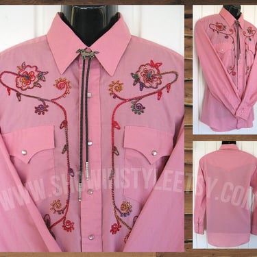 Champion Westerns Vintage Men's Cowboy & Rodeo Shirt, Medium Pink with Embroidered Floral Designs, Size 16.5-34, Large (see meas. photo) 