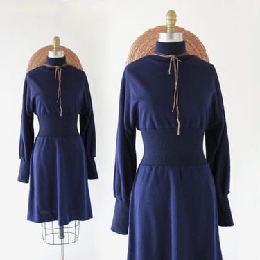 70's navy long sleeve dress - s - vintage 1970s navy blue dolman wide elastic waist boho mod fall winter dress size small 