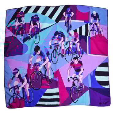 Ken Scott Vintage 1970s Bicyclist Sport Theme Vivid Graphic Silk Scarf