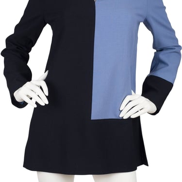 Louis Féraud 1990s Vintage Black & Periwinkle Colorblock Wool Tunic Top Sz M 