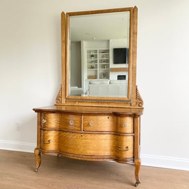NEW - Antique Tiger Oak Lowboy with Large Beveled Mirror, Vintage Bedroom Furniture 