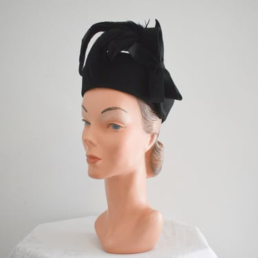 1940s Marche Black Felt and Feather Hat 