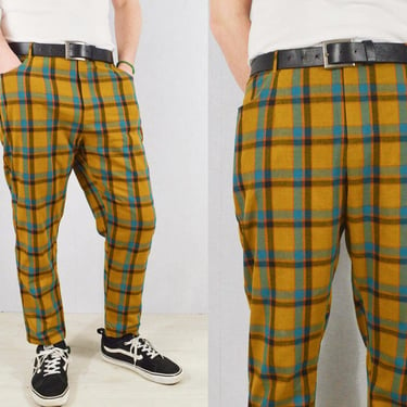 Men's Tartan Trousers Check Sta Press Style Chino - 60s Mod - Mustard & Turquoise 