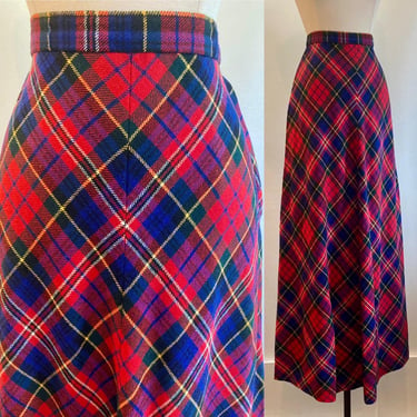 Vintage 70s Wool MAXI Skirt / PLAID / Red + Blue + Yellow Tartan / Side Zip + Bias Panels / Big Sweep 