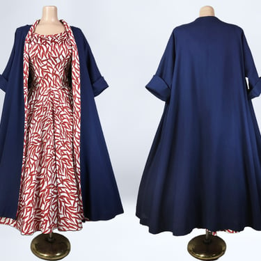 VINTAGE 50s New Look Taffeta Dress and Swing Coat Set in Red and Navy Blue | 1950s 2 Piece Dress and Jacket Outfit | VFG 