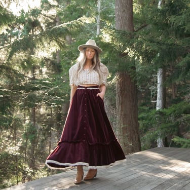 70s GUNNE SAX Skirt | Boho Maroon Velvet Maxi Skirt | Vintage Button Down Prairie Skirt 