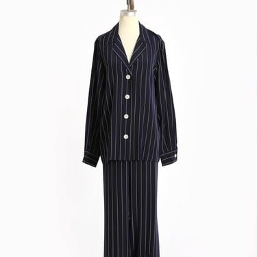 Ralph Lauren silk set | Vintage Ralph Lauren navy blue pin striped silk 2pc Blouse + pants set 