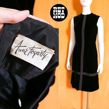 Vintage 60s 70s Black Velvet Grid Sleeveless Dress by Anne Fogarty 