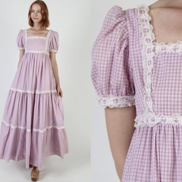 Purple White Gingham Americana Dress / Plaid Puff Sleeve Work Maxi / Vintage 70s Country Picnic Outfit / Checker Print Tiered Folk Skirt 