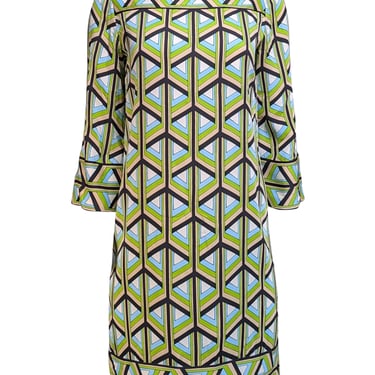 Diane von Furstenberg - Green, Blue, Beige, &amp; Black Print Cropped Sleeve Dress Sz 6