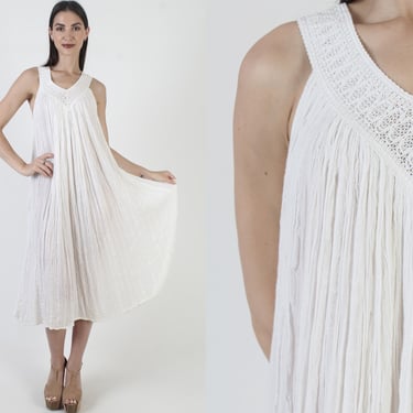 Mexican White Gauze Dress, Crochet Knit Sundress, Vintage Baggy Sheer Cover Up, Grecian Beach Kaftan 