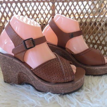 70s Platform Sandals - Leather & Cork Wedge Heels - Hippie Shoes - Size 9 