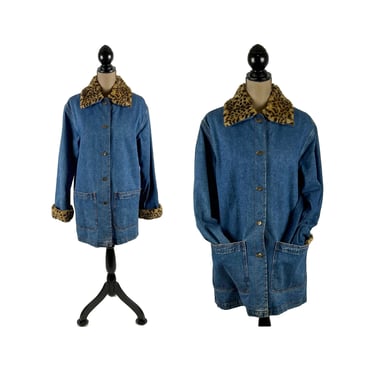 LEW MAGRAM Blue Jean Coat with Cheetah Print Collar & Cuffs, Thigh Length Denim Jacket Lined with Faux Fur, Winter Clothes Women Vintage M-L 