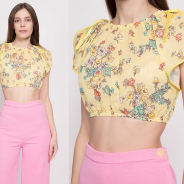 70s Boho Yellow Floral Crop Top - Extra Small | Vintage Sheer Split Flutter Sleeve Cropped Disco Blouse 