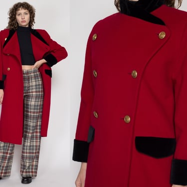 Small 80s Christian Dior Red Wool Military Peacoat | Vintage Velvet Trim Double Breasted Long Coat 