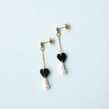 Dainty Black Leather Heart Earrings on Ball Studs w/ Freshwater Pearls 