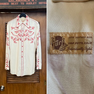 Vintage 1950’s “N. Turk” Western Cowboy Rayon Gab Embroidery Rockabilly Shirt, Original, Rare, 50’s Vintage Clothing 