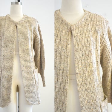 1980s Oatmeal Wool Blend Knit Cardigan Sweater with Bishop Sleeves 