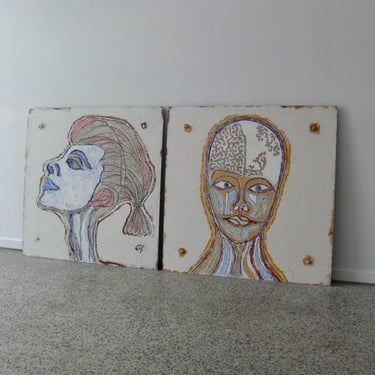 Original Pair of Large Face Paintings on Board by Bernie Effertz (Kansas City) 