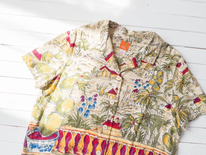 desert linen blouse | 90s vintage beige green red cactus donkey casa novelty print short sleeve shirt 